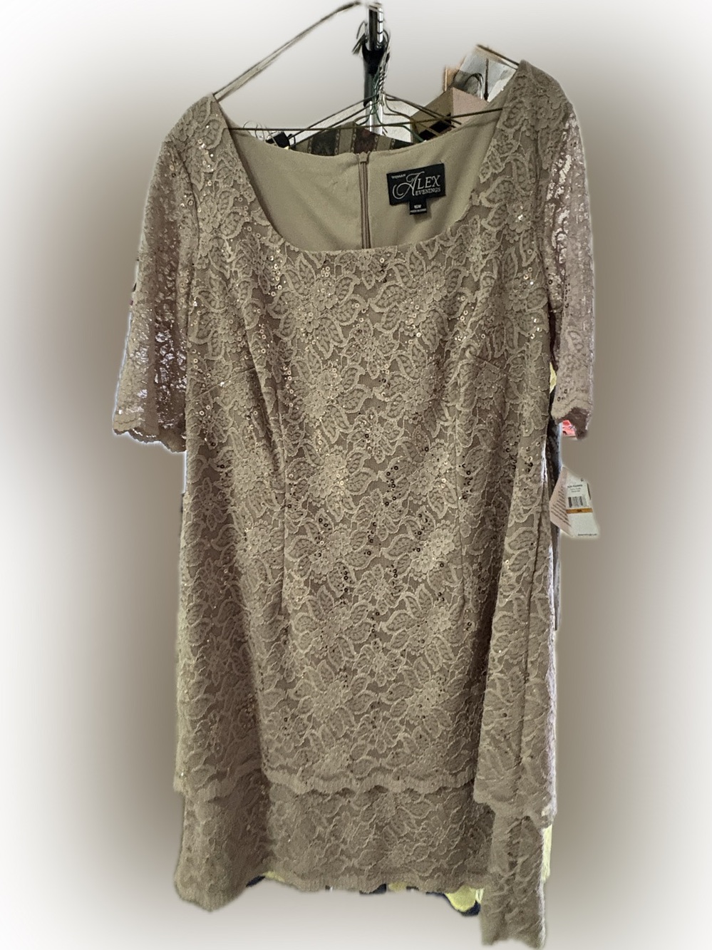 Alex Evenings Taupe Lace Sequin Scoop Neck Dress